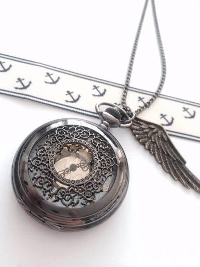 Steampunk Pocket Watch necklace with wing charm noir black