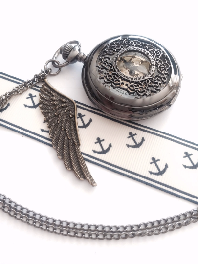 Steampunk Pocket Watch necklace with wing charm- noir black, groomsmen