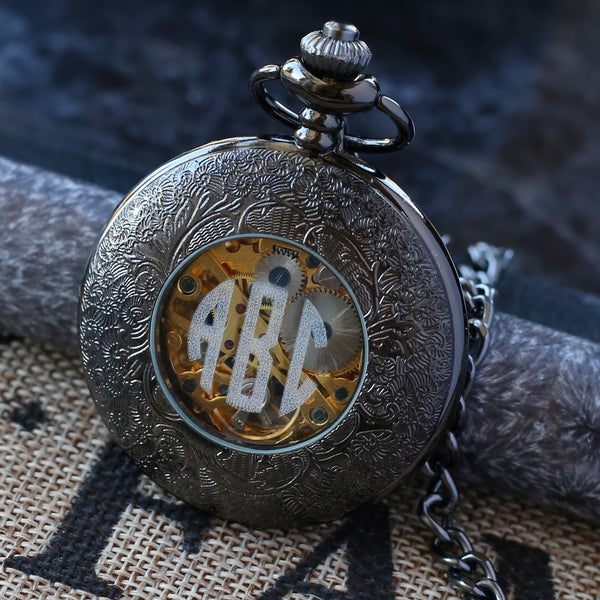 Premium Antique Black Mechanical Pocket Watch Men With Chains Wind Up PocketWatchKeepsakes