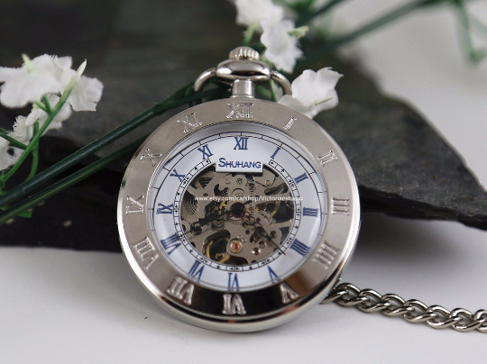 Wedding Gift Silver Pocket Watch Skeleton Mechanical Pocketwatch with Vest Chain Personalized Wedding Gift for Groom Groomsmen MPW036