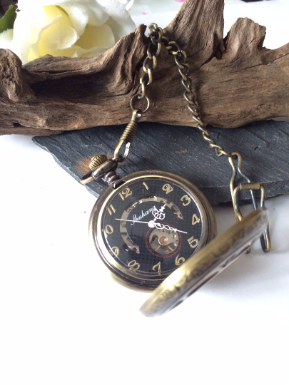 Mens Bronze Pocket Watch With chain Mechanical Personalized Engravable Groomsmen Gift MPW032