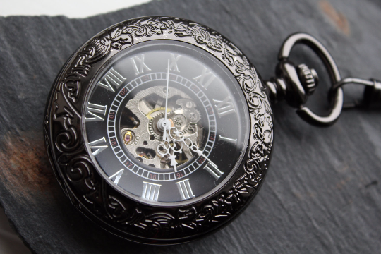 Premium Victorian Black & Silver Mechanical Pocket Watch with Watch Chain - Groomsmen Gift - Engravable - Custom Watch MPW030