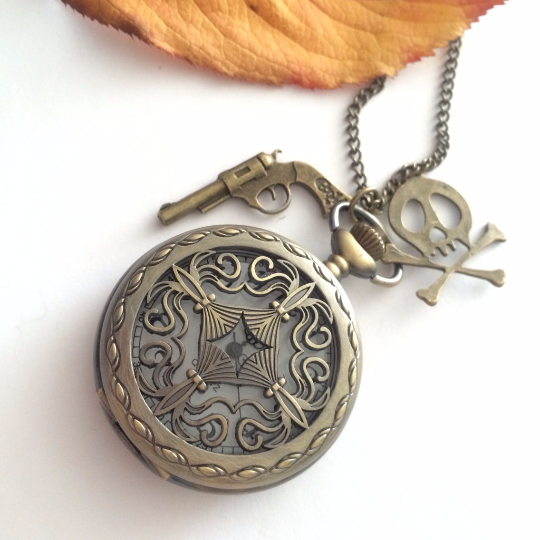 Steampunk Pocket Watch necklace Cross - Caribbean  pirates-gun-skull charms