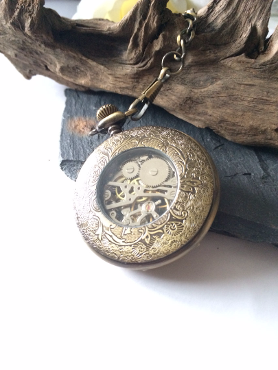 Mens Bronze Pocket Watch With chain Mechanical Personalized Engravable Groomsmen Gift MPW032