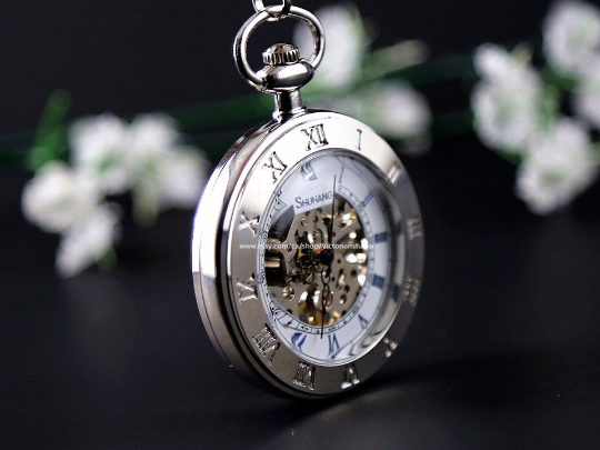 Wedding Gift Silver Pocket Watch Skeleton Mechanical Pocketwatch with Vest Chain Personalized Wedding Gift for Groom Groomsmen MPW036