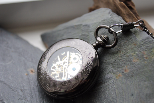 Premium Victorian Black & Silver Mechanical Pocket Watch with Watch Chain - Groomsmen Gift - Engravable - Custom Watch MPW030
