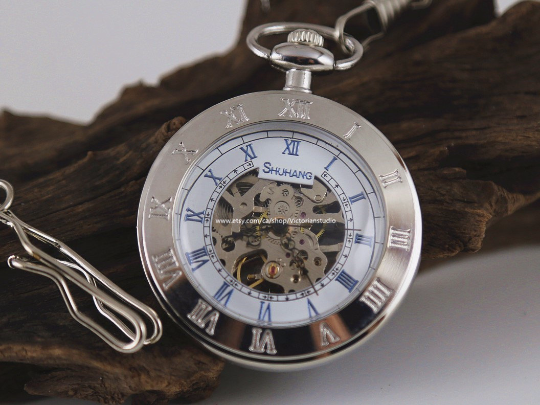 Wedding Gift Silver Pocket Watch Skeleton Mechanical Pocketwatch with Vest Chain Personalized Wedding Gift for Groom Groomsmen MPW036
