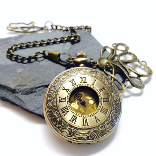 Pocket watches with Chain Bronze Quartz PocketWatch Steampunk Gift for Groomsmen