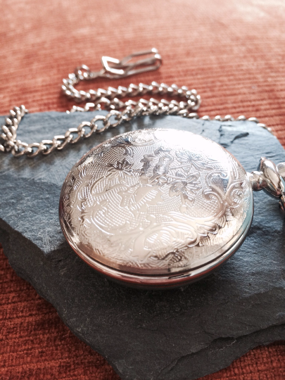 Steampunk Silver Pocket Watch with Fob Chain For him Father of the Bride
