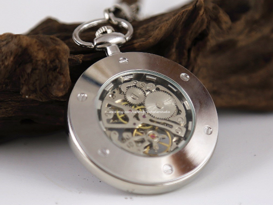 Wedding Gift Silver Pocket Watch Skeleton Mechanical Pocketwatch with Vest Chain Personalized Wedding Gift for Groom Groomsmen MPW036