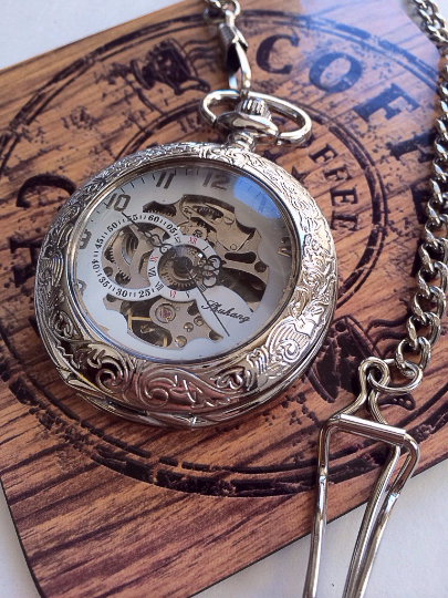 Personalized Silver Pocket Watch Mechanical Watch with Chain- groomsmen gift VM020