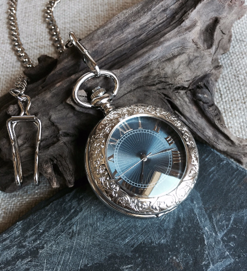 Silver Skeleton Pocket Watch - Personalized Groomsmen Groom Gifts - Mechanical Pocket watch - Steampunk Jewelry - Anniversary Gift For him MPW031