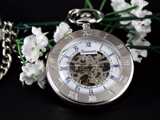 Wedding Gift Silver Pocket Watch Skeleton Mechanical Pocketwatch with Vest Chain Personalized Wedding Gift for Groom Groomsmen MPW036