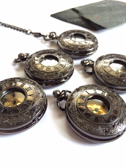 Wedding Black Steampunk Pocket Watches with Chain ships from Canada Groomsmen Gift set