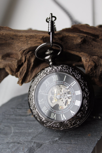 Premium Victorian Black & Silver Mechanical Pocket Watch with Watch Chain - Groomsmen Gift - Engravable - Custom Watch MPW030