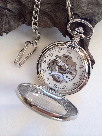 Personalized Silver Pocket Watch Mechanical Watch with Chain- groomsmen gift VM020