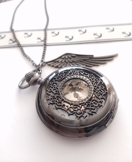 Steampunk Pocket Watch necklace with wing charm- noir black, groomsmen