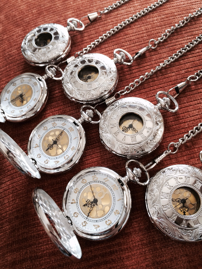 Steampunk Silver Pocket Watch with Fob Chain For him Father of the Bride