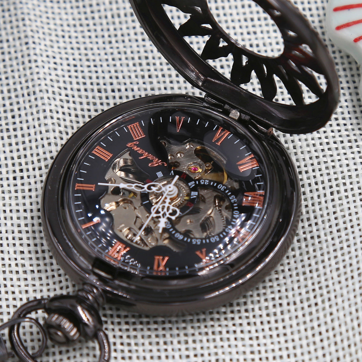 Mens Pocket Watch Personalized Engraveable Mechanical Pocketwatch with chain Sun Flames Gunmetal Black Groomsmen gift ideas VM008