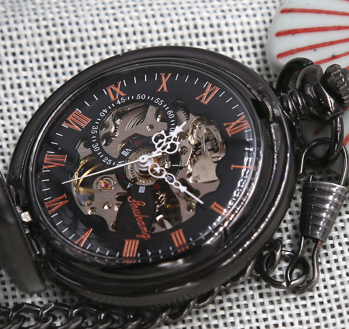Mens Pocket Watch Personalized Engraveable Mechanical Pocketwatch with chain Sun Flames Gunmetal Black Groomsmen gift ideas VM008