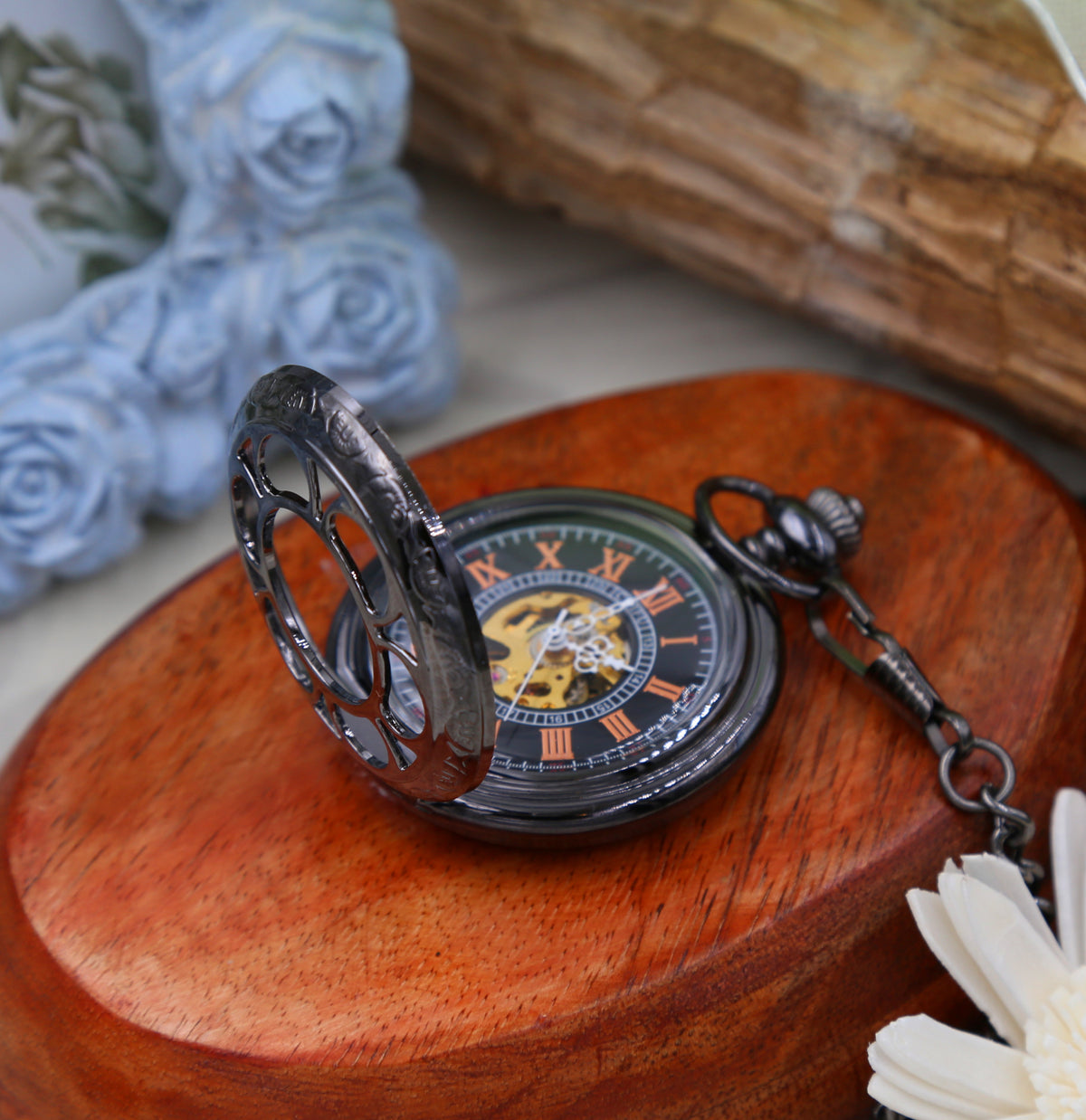 Personalized Pocket Watch - Mechanical Pocket watch with Vest chain- Celtic Love Knot - Steampunk Black Watch Groomsmen Gift VM006