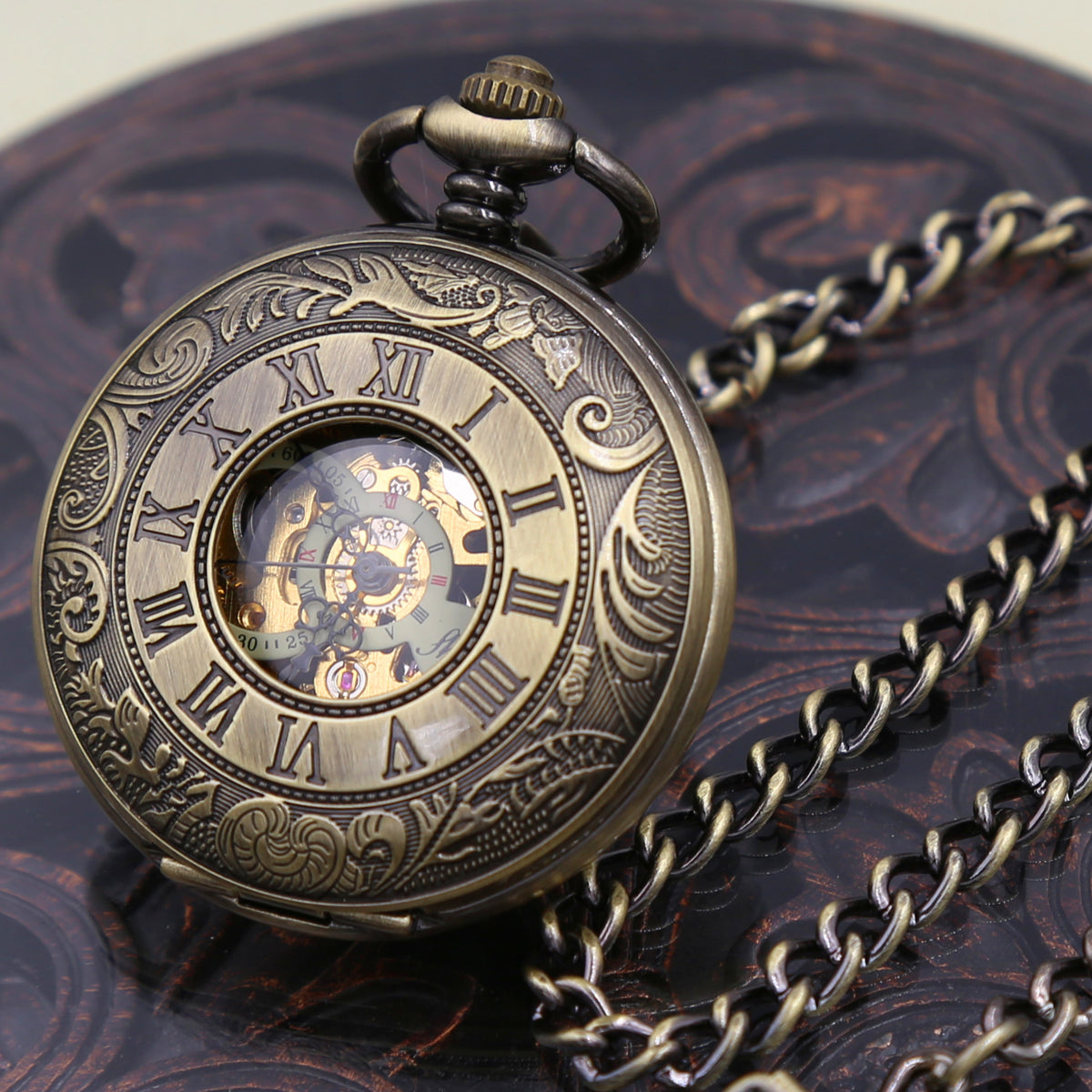 Mens Personalized Pocket Watch with chain - Antique bronze - Steampunk - Mechanical watch WEDDING GIFT VM009