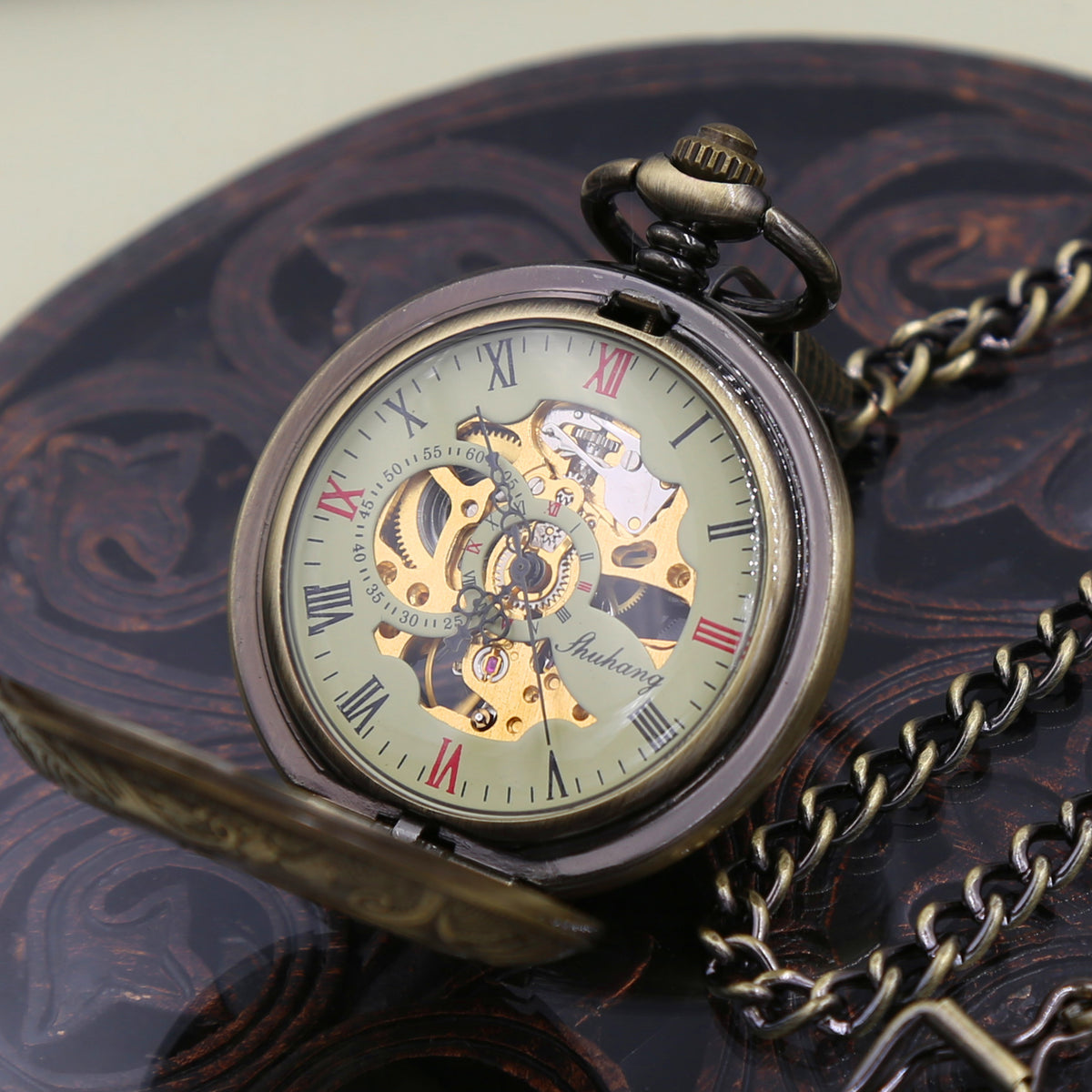 Mens Personalized Pocket Watch with chain - Antique bronze - Steampunk - Mechanical watch WEDDING GIFT VM009