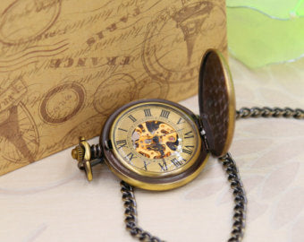 Gold Bronze Pocket watch Engravable Mechanical, Personalized Groomsmen Gifts Wedding Groom, Gift for him M35