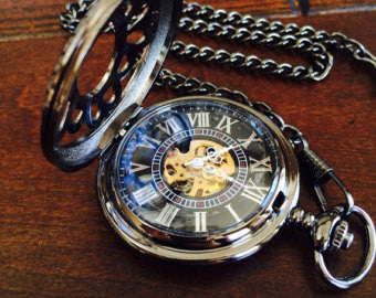Custom Engraved Wedding Gift Black Pewter Pocket Watch Personalized Gift For him Mechanical Watch with Vest Chain Groomsmen's gift Graduation Gift