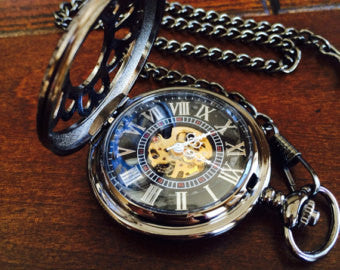 Custom Engraved Wedding Gift Black Pewter Pocket Watch Personalized Gift For him Mechanical Watch with Vest Chain Groomsmen's gift Graduation Gift