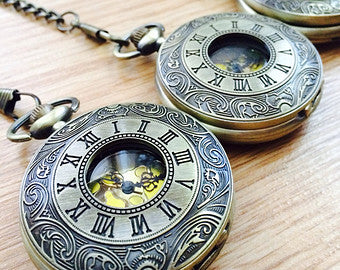 Pocket watches with Chain Bronze Quartz PocketWatch Steampunk Gift for Groomsmen