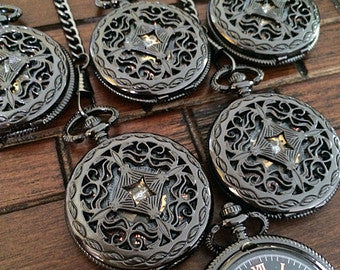 Personalized Pocket Watch - Mechanical Pocket watch with Vest chain- Celtic Love Knot - Steampunk Black Watch Groomsmen Gift VM006