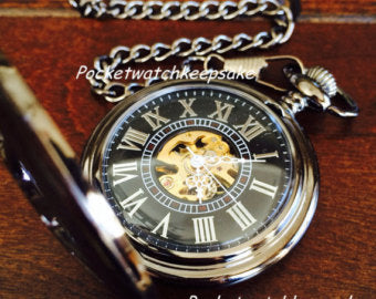 Groomsmen Gift Custom Black Pocket Watch Hand Wind Up with Vest Chain-Groomsmen gifts-Wedding Gift M029