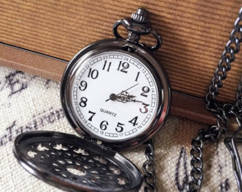 Black SteamPunk Pocket Watch - Mechanical watch- Personalized Gift for Him - Initial Letters - Engraved - Wedding Groomsmen Groom Gift