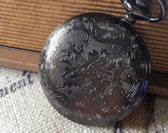 Black SteamPunk Pocket Watch - Mechanical watch- Personalized Gift for Him - Initial Letters - Engraved - Wedding Groomsmen Groom Gift