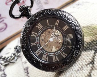 Premium Victorian Black & Silver Mechanical Pocket Watch with Watch Chain - Groomsmen Gift - Engravable - Custom Watch MPW030