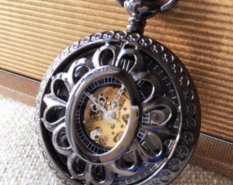 Custom Engraved Wedding Gift Black Pewter Pocket Watch Personalized Gift For him Mechanical Watch with Vest Chain Groomsmen's gift Graduation Gift