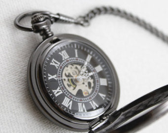 Premium Victorian Black & Silver Mechanical Pocket Watch with Watch Chain - Groomsmen Gift - Engravable - Custom Watch MPW030