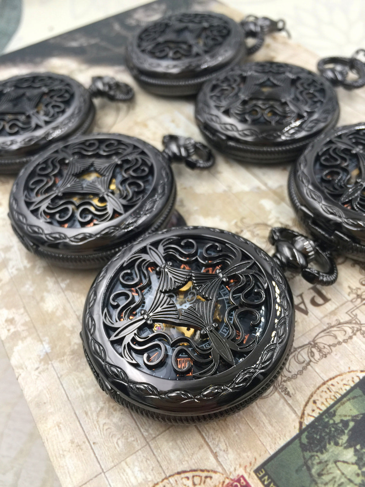 Personalized Pocket Watch - Mechanical Pocket watch with Vest chain- Celtic Love Knot - Steampunk Black Watch Groomsmen Gift VM006