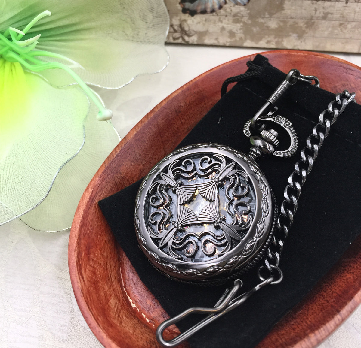 Personalized Pocket Watch - Mechanical Pocket watch with Vest chain- Celtic Love Knot - Steampunk Black Watch Groomsmen Gift VM006
